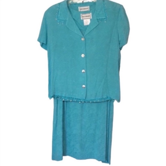 Karin Stevens Skirt Set 3pc Turquoise Blue Tank Jacket Shells Floral Coastal NEW - Picture 10 of 16